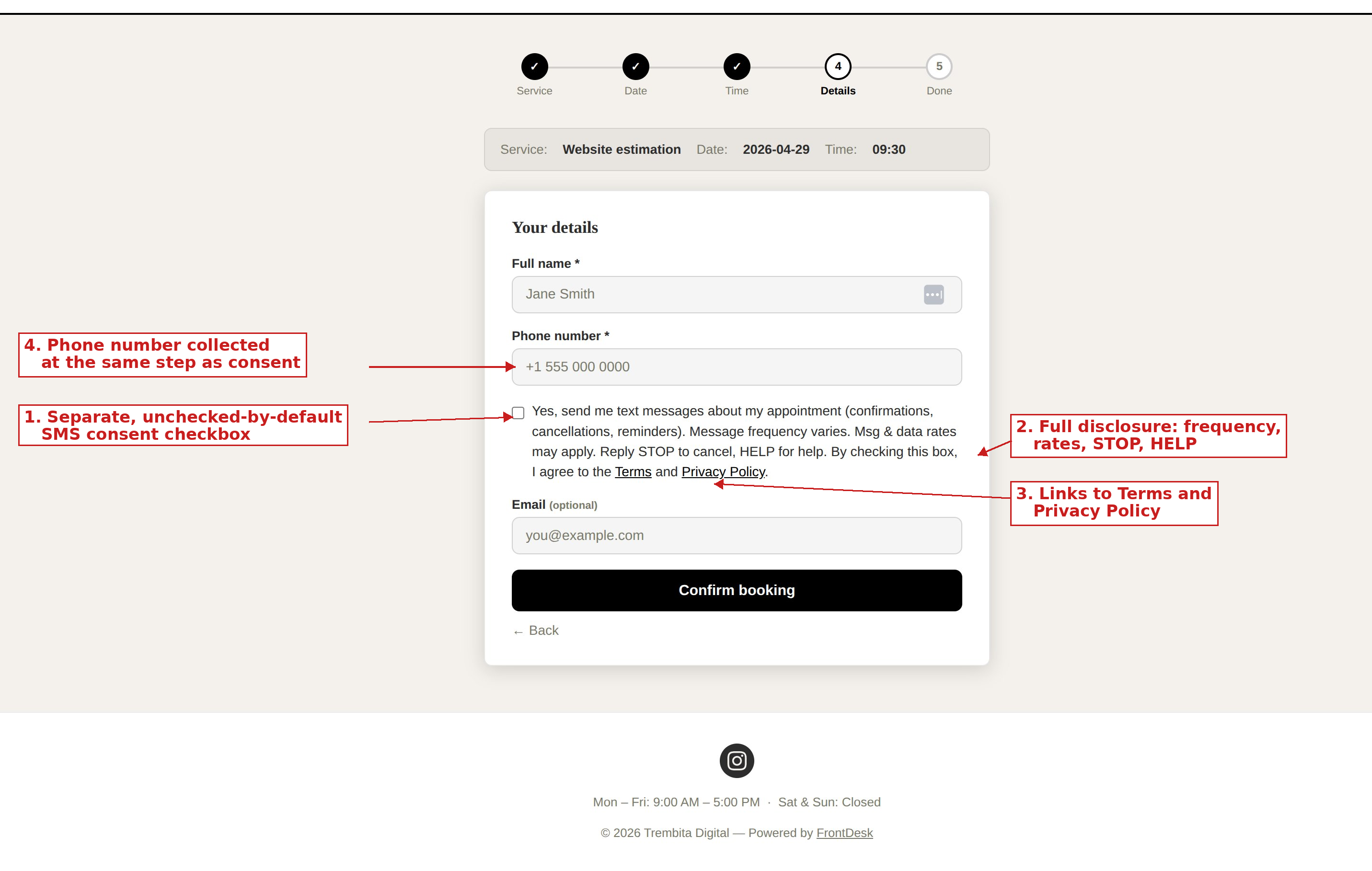 Screenshot: Public booking form — phone field and SMS consent checkbox with Terms and Privacy Policy links.