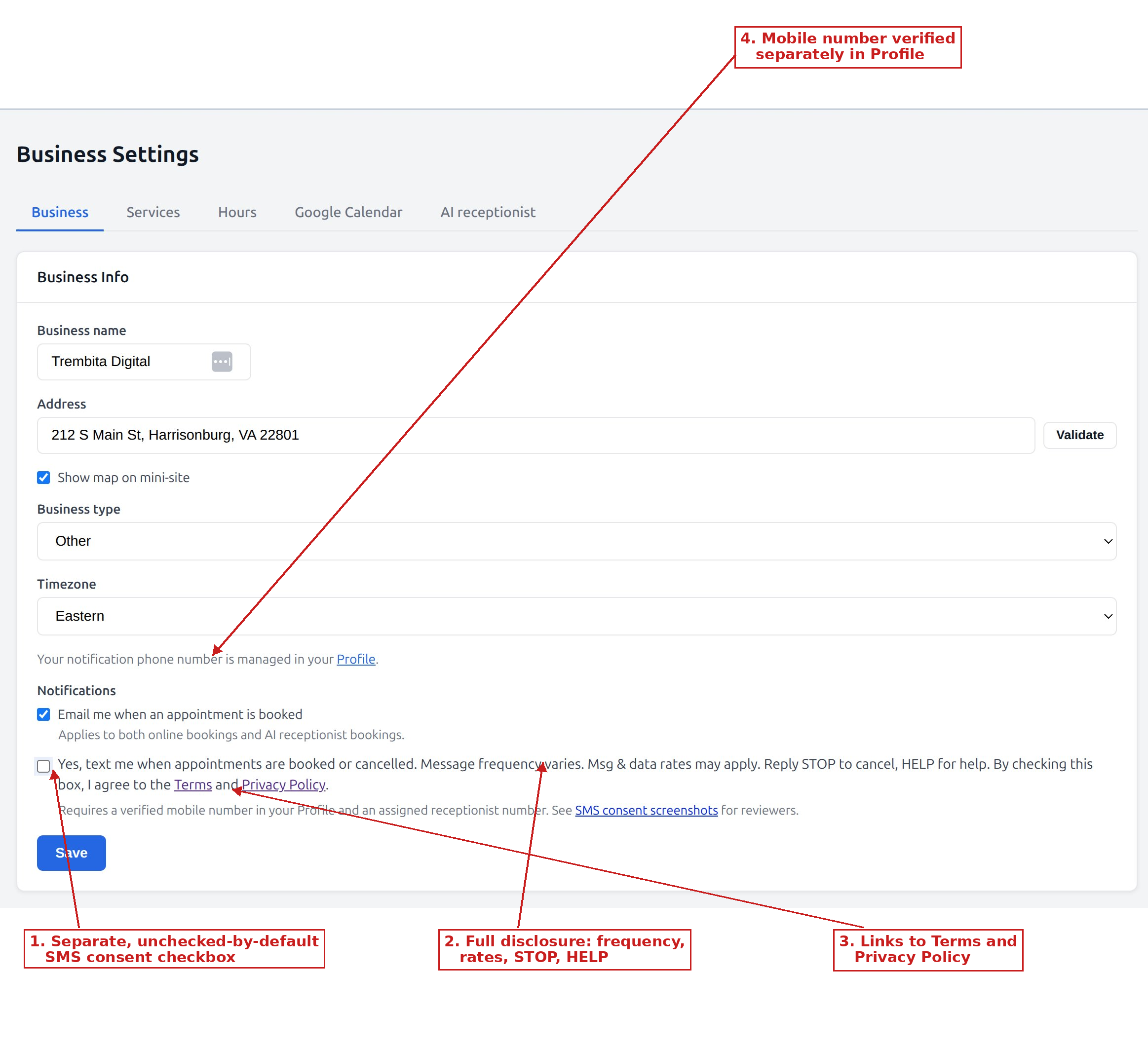 Screenshot: FrontDesk portal Shop Settings — Notifications section with SMS consent checkbox, Terms and Privacy Policy links, and note about verified Profile phone number.